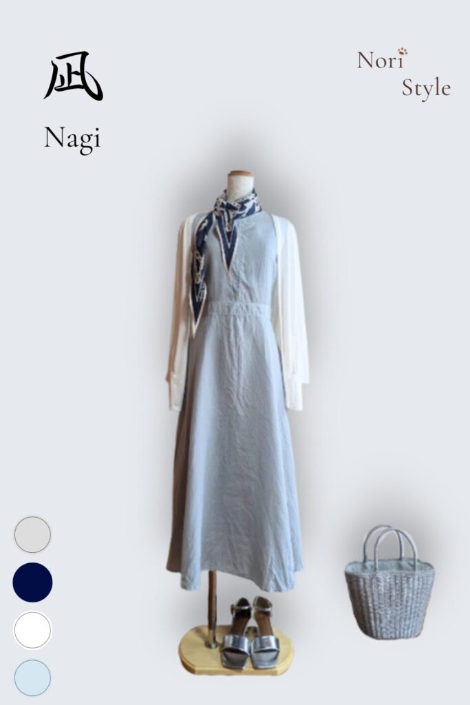 40代・50代大人の春夏きれいめコーデ【凪-Nagi】のデザインカード。左側に「凪」の漢字ロゴとカラーパレット、右側にサックスブルーのリネンワンピースにホワイトカーディガンを羽織り、ネイビー×ベージュ柄のスカーフを首元に巻き、シルバーのサンダル、ライトグレーのかごバッグを合わせた洗練されたトルソースタイリング